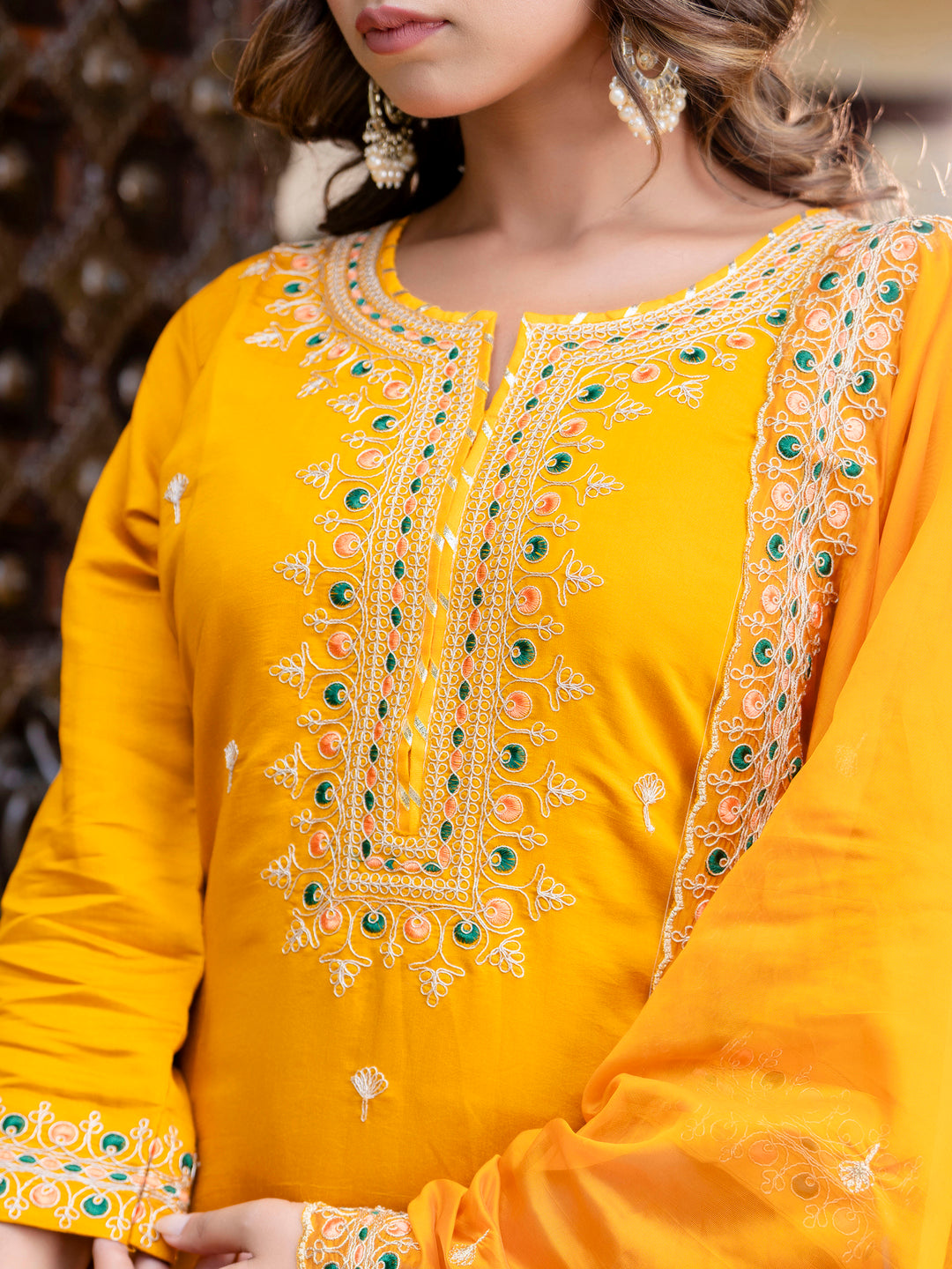Dhiyona VV Women's Embroidered Silk Blend Calf Length Straight Kurta Trouser with Dupatta Set