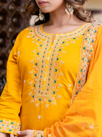 Dhiyona VV Women's Embroidered Silk Blend Calf Length Straight Kurta Trouser with Dupatta Set