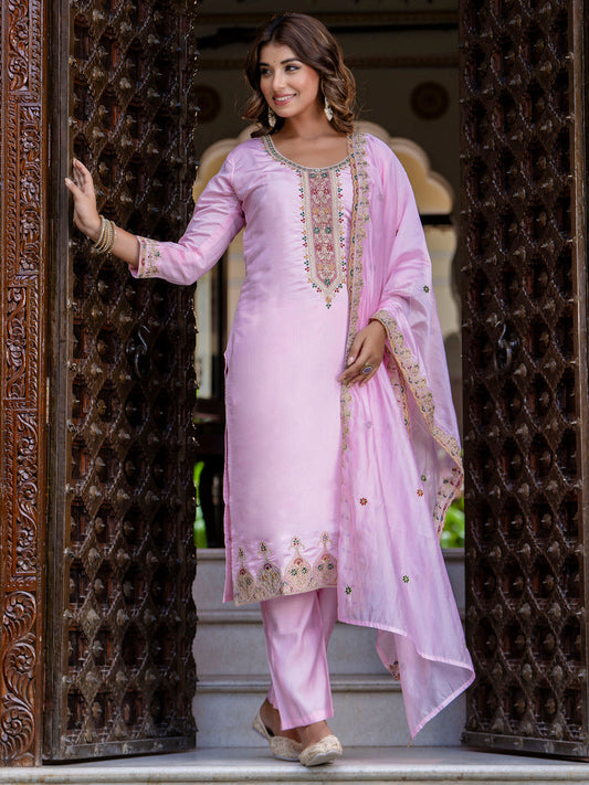 Dhiyona VV Women's Embroidered Silk Blend Calf Length Straight Kurta Trouser with Dupatta Set