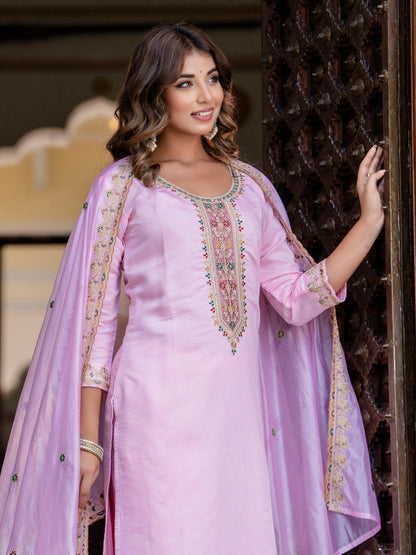 Dhiyona VV Women's Embroidered Silk Blend Calf Length Straight Kurta Trouser with Dupatta Set