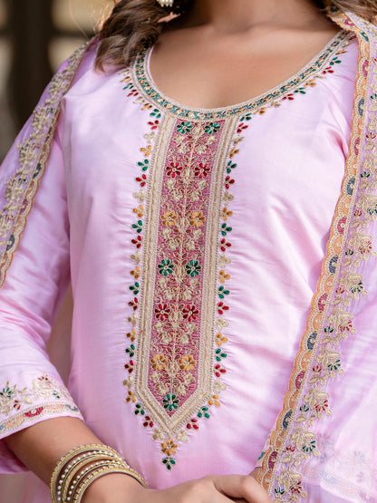 Dhiyona VV Women's Embroidered Silk Blend Calf Length Straight Kurta Trouser with Dupatta Set