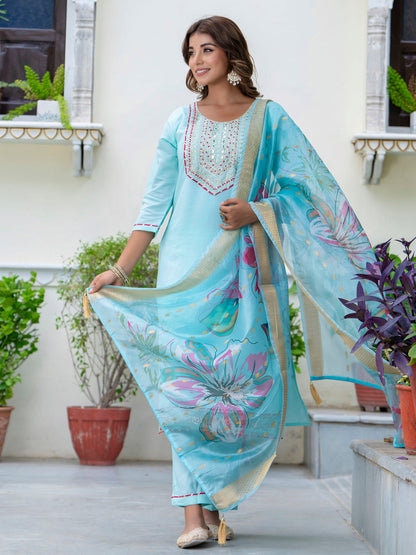 Dhiyona VV Women's Embroidered Silk Blend Calf Length Straight Kurta Trouser with Dupatta Set