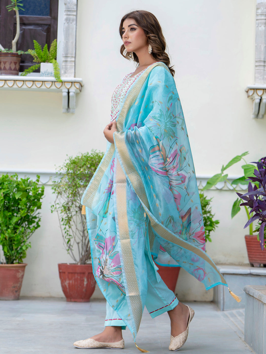Dhiyona VV Women's Embroidered Silk Blend Calf Length Straight Kurta Trouser with Dupatta Set