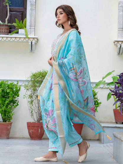 Dhiyona VV Women's Embroidered Silk Blend Calf Length Straight Kurta Trouser with Dupatta Set