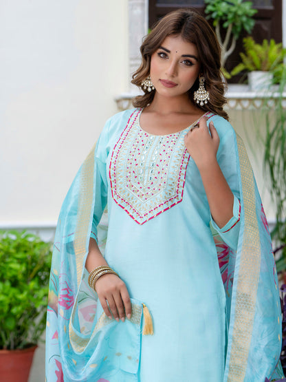 Dhiyona VV Women's Embroidered Silk Blend Calf Length Straight Kurta Trouser with Dupatta Set