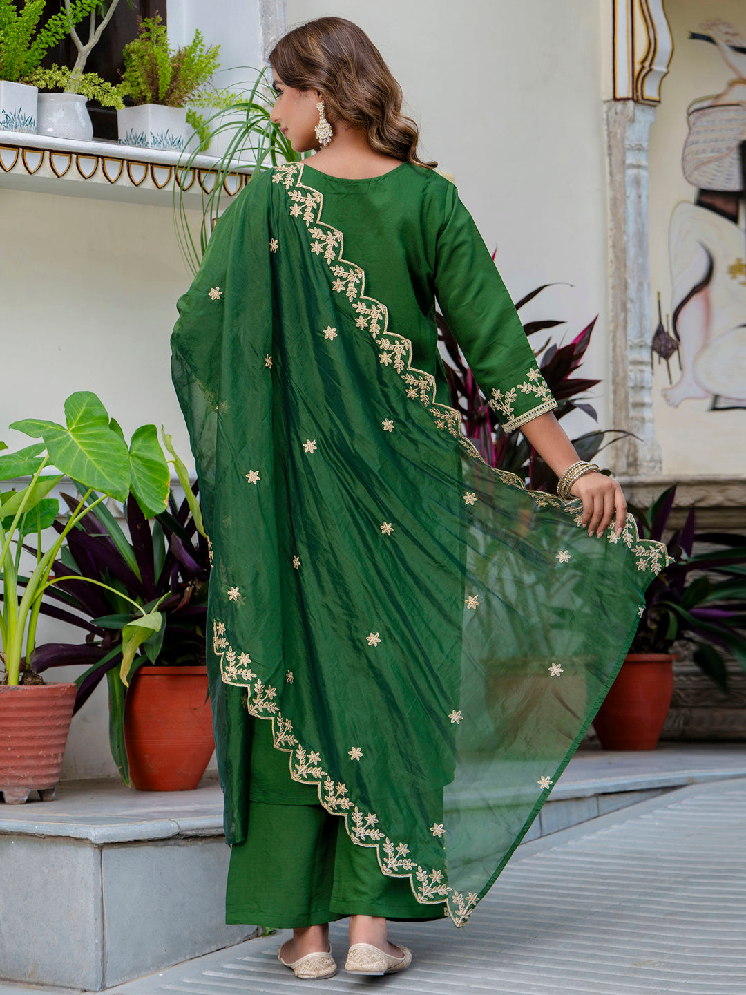 Dhiyona VV Women's Embroidered Silk Blend Calf Length Straight Kurta with Palazzo & Dupatta Set