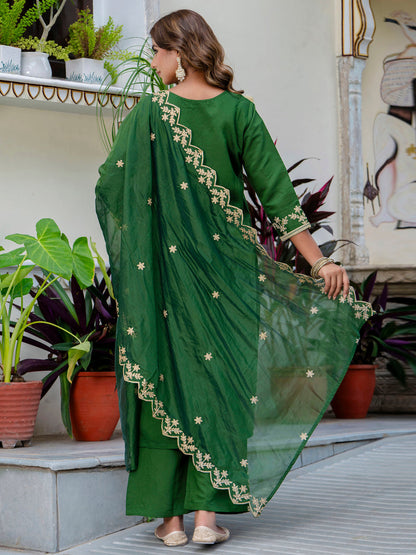 Dhiyona VV Women's Embroidered Silk Blend Calf Length Straight Kurta with Palazzo & Dupatta Set