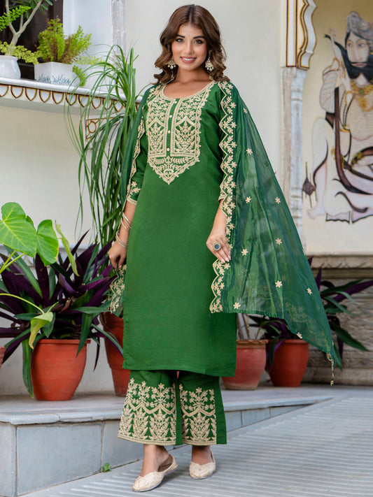 Dhiyona VV Women's Embroidered Silk Blend Calf Length Straight Kurta with Palazzo & Dupatta Set