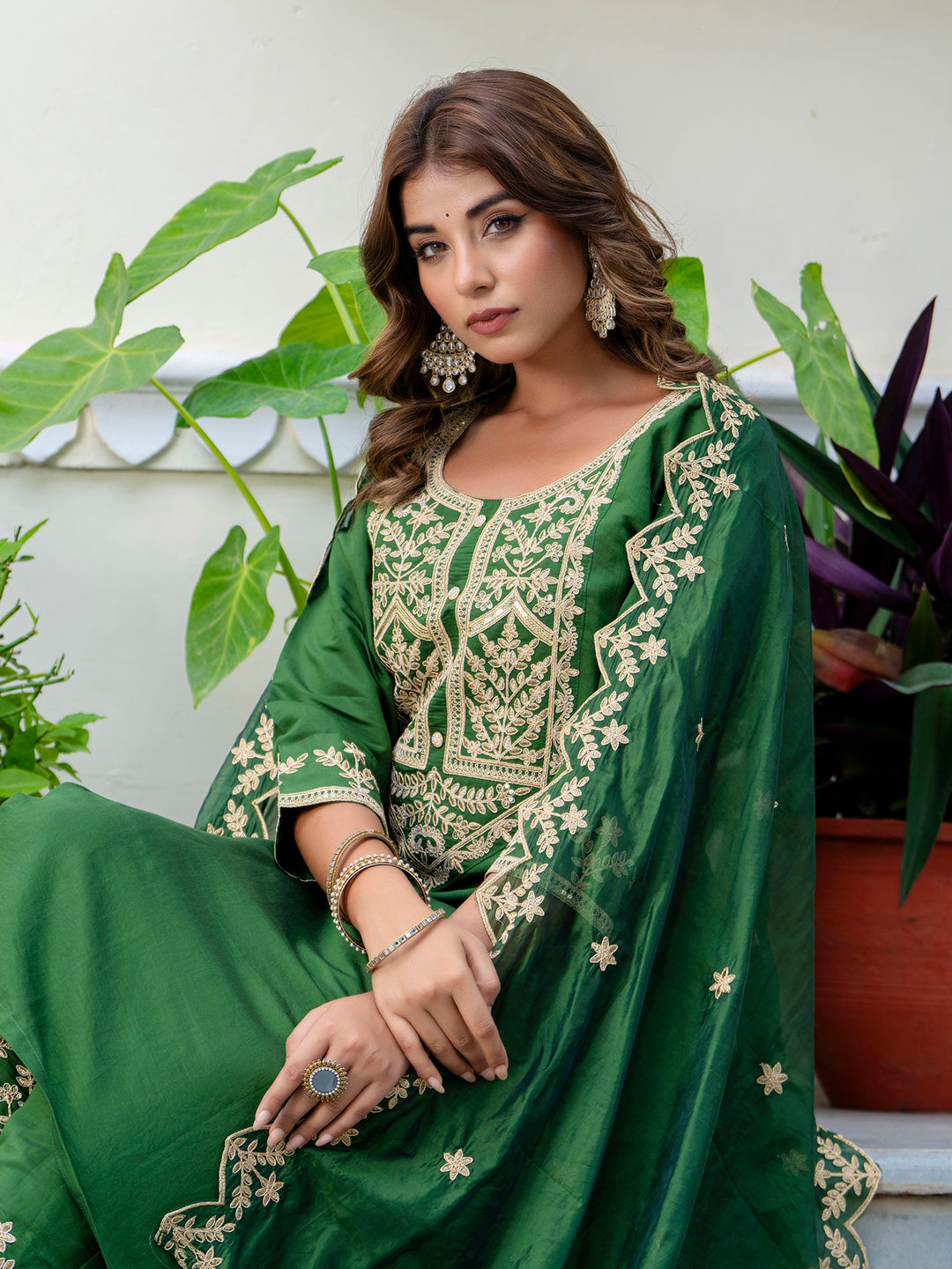 Dhiyona VV Women's Embroidered Silk Blend Calf Length Straight Kurta with Palazzo & Dupatta Set