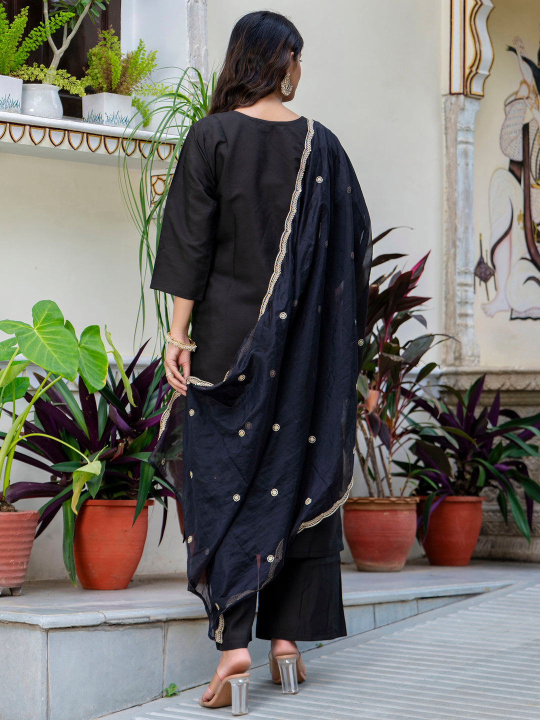 Dhiyona VV Women's Embroidered Silk Blend Calf Length Straight Kurta with Palazzo & Dupatta Set
