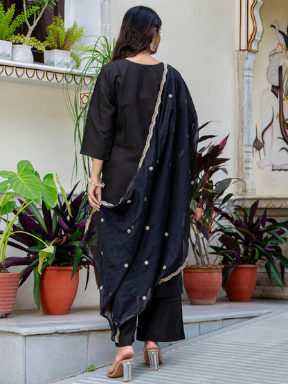 Dhiyona VV Women's Embroidered Silk Blend Calf Length Straight Kurta with Palazzo & Dupatta Set