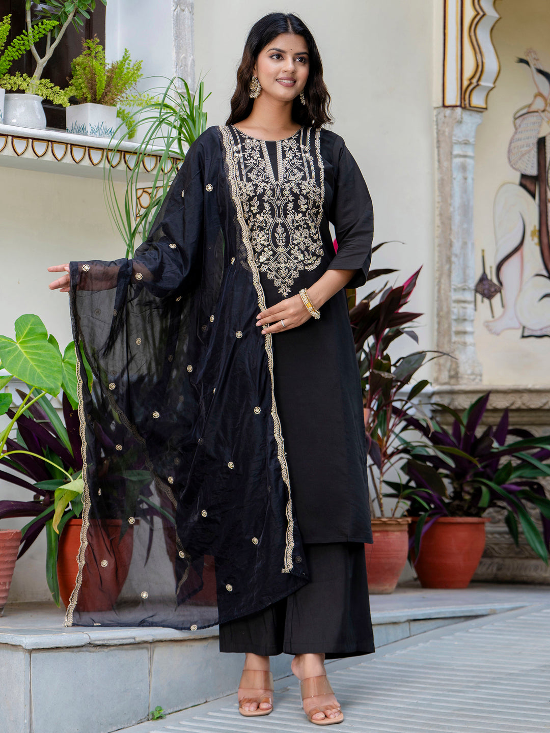 Dhiyona VV Women's Embroidered Silk Blend Calf Length Straight Kurta with Palazzo & Dupatta Set