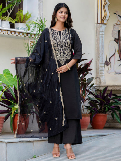Dhiyona VV Women's Embroidered Silk Blend Calf Length Straight Kurta with Palazzo & Dupatta Set
