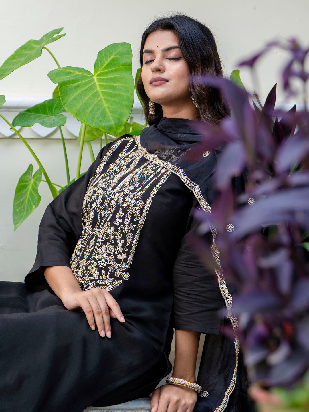 Dhiyona VV Women's Embroidered Silk Blend Calf Length Straight Kurta with Palazzo & Dupatta Set