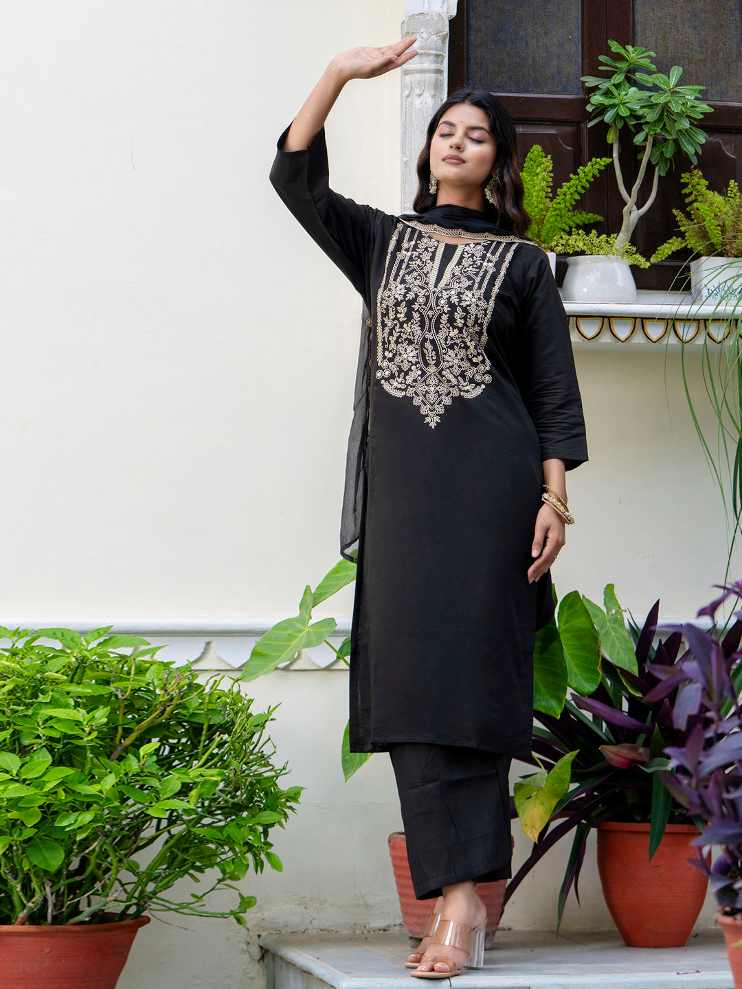 Dhiyona VV Women's Embroidered Silk Blend Calf Length Straight Kurta with Palazzo & Dupatta Set