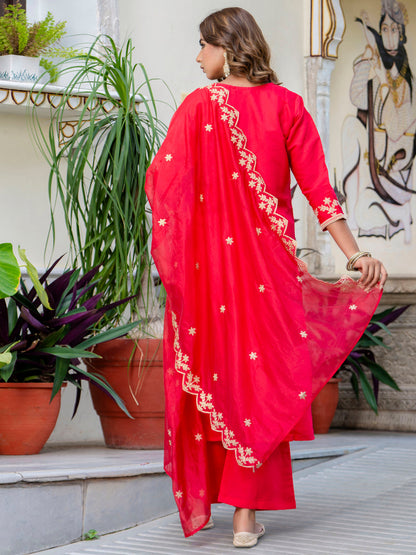 Dhiyona VV Women's Embroidered Silk Blend Calf Length Straight Kurta with Palazzo & Dupatta Set