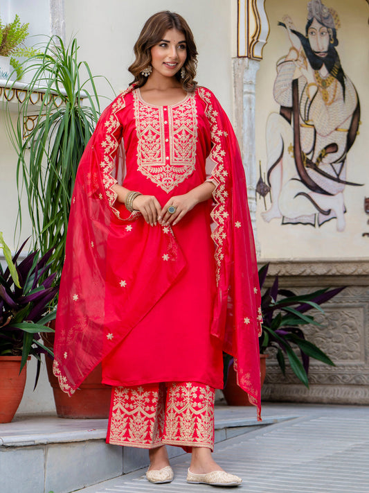 Dhiyona VV Women's Embroidered Silk Blend Calf Length Straight Kurta with Palazzo & Dupatta Set