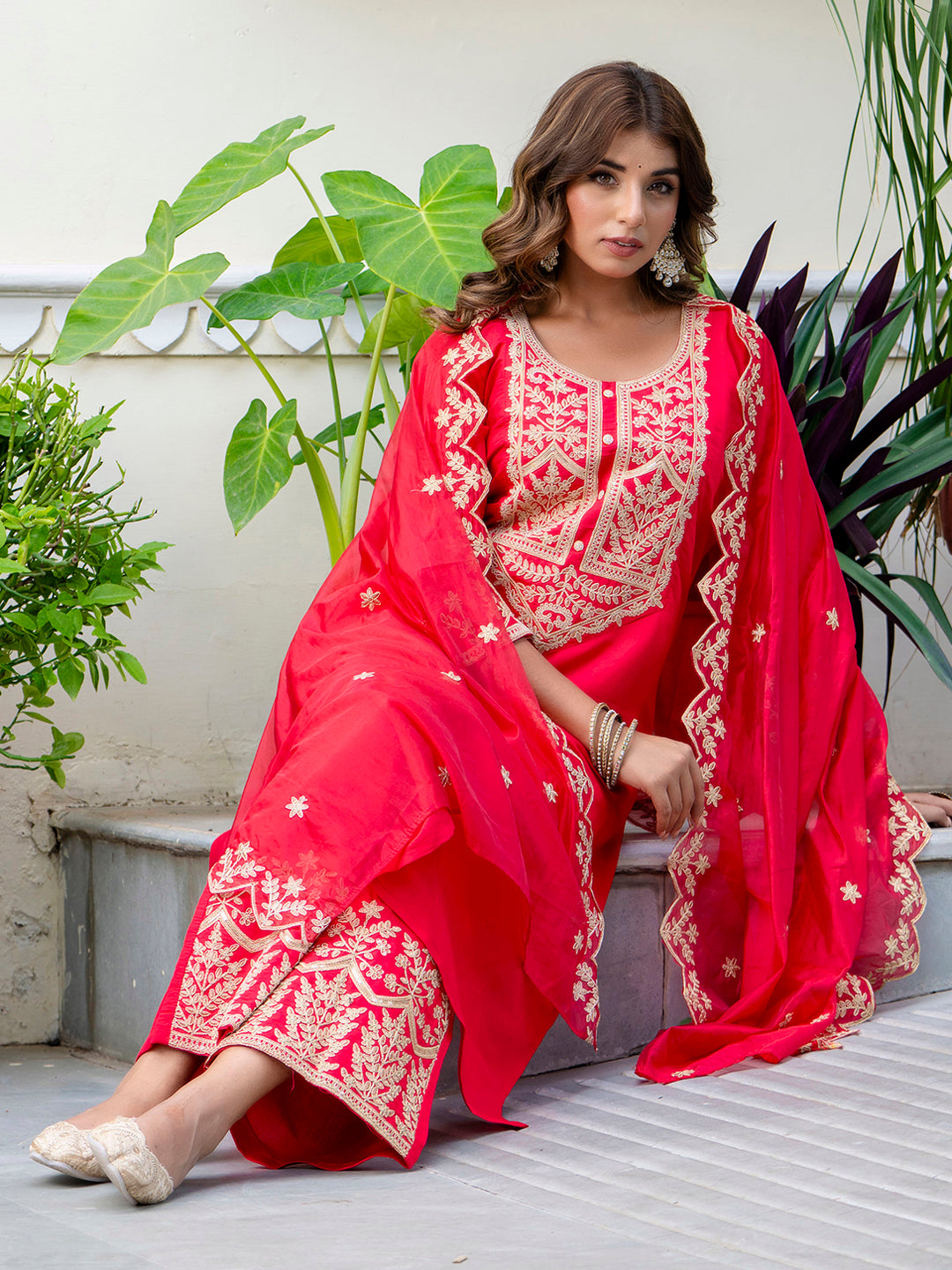 Dhiyona VV Women's Embroidered Silk Blend Calf Length Straight Kurta with Palazzo & Dupatta Set