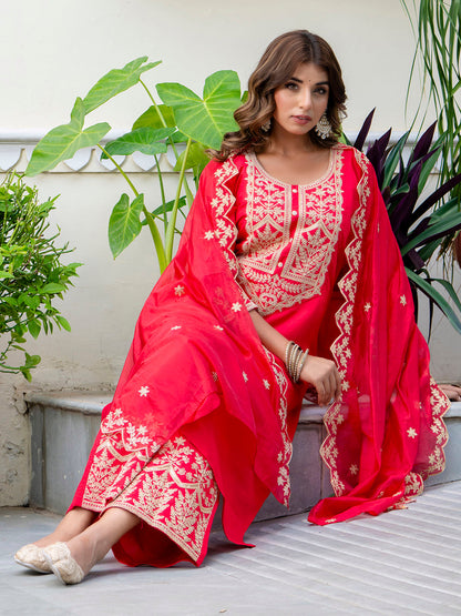 Dhiyona VV Women's Embroidered Silk Blend Calf Length Straight Kurta with Palazzo & Dupatta Set