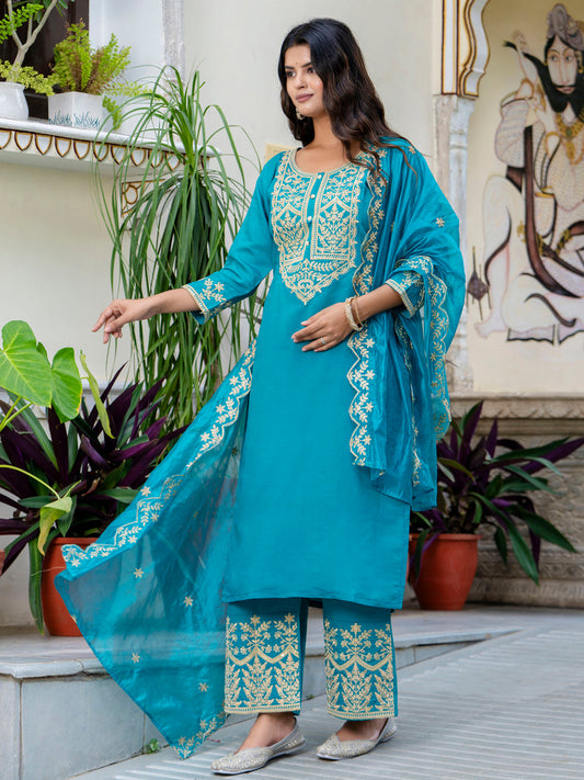 Dhiyona VV Women's Embroidered Silk Blend Calf Length Straight Kurta with Palazzo & Dupatta Set