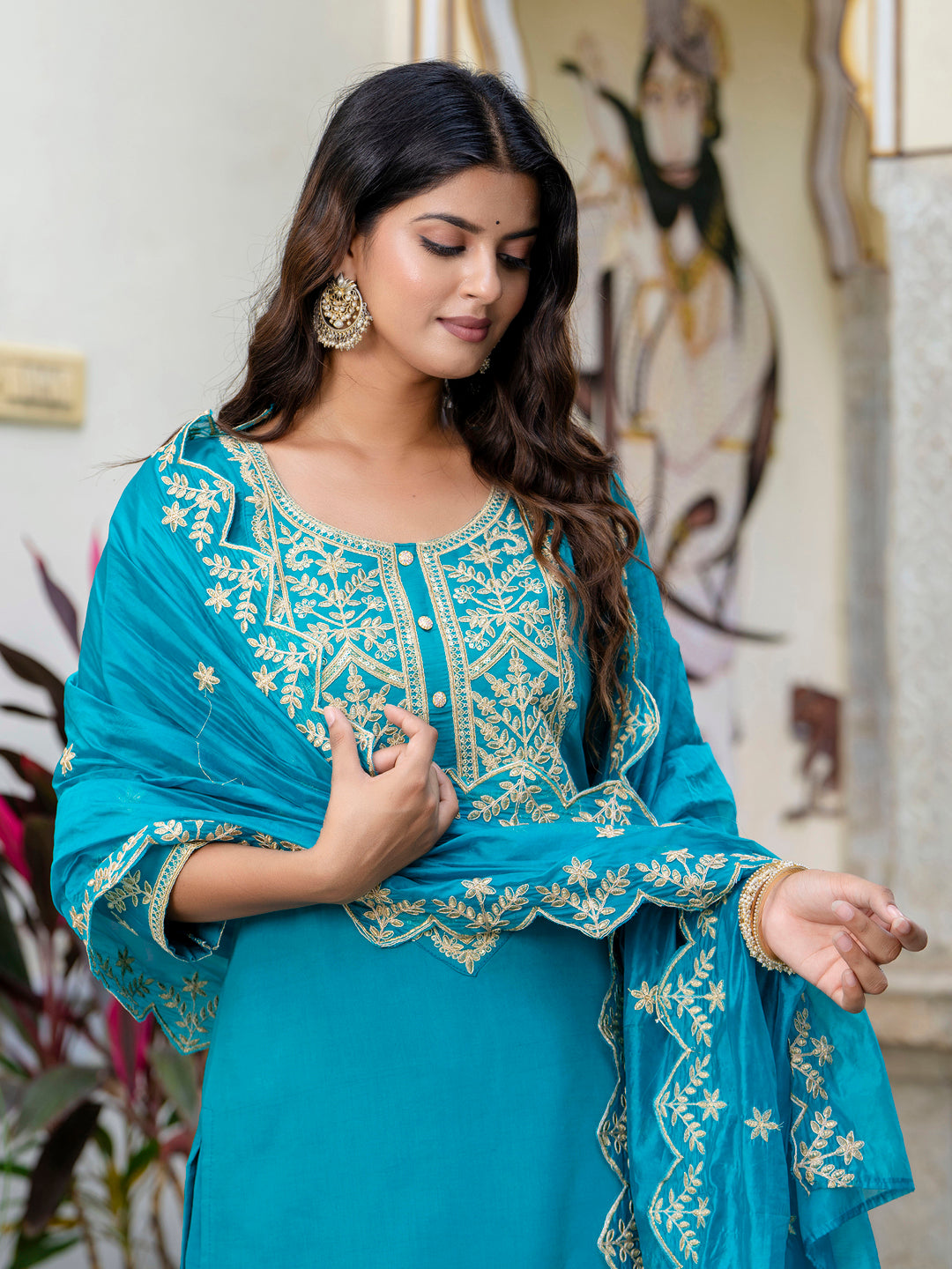 Dhiyona VV Women's Embroidered Silk Blend Calf Length Straight Kurta with Palazzo & Dupatta Set