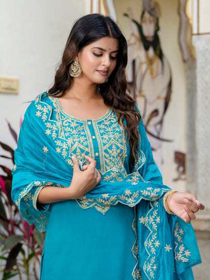 Dhiyona VV Women's Embroidered Silk Blend Calf Length Straight Kurta with Palazzo & Dupatta Set