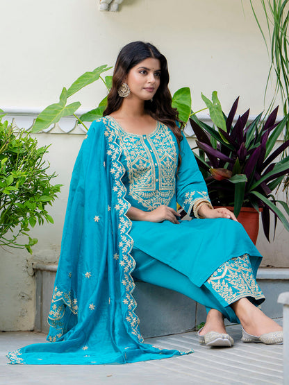 Dhiyona VV Women's Embroidered Silk Blend Calf Length Straight Kurta with Palazzo & Dupatta Set