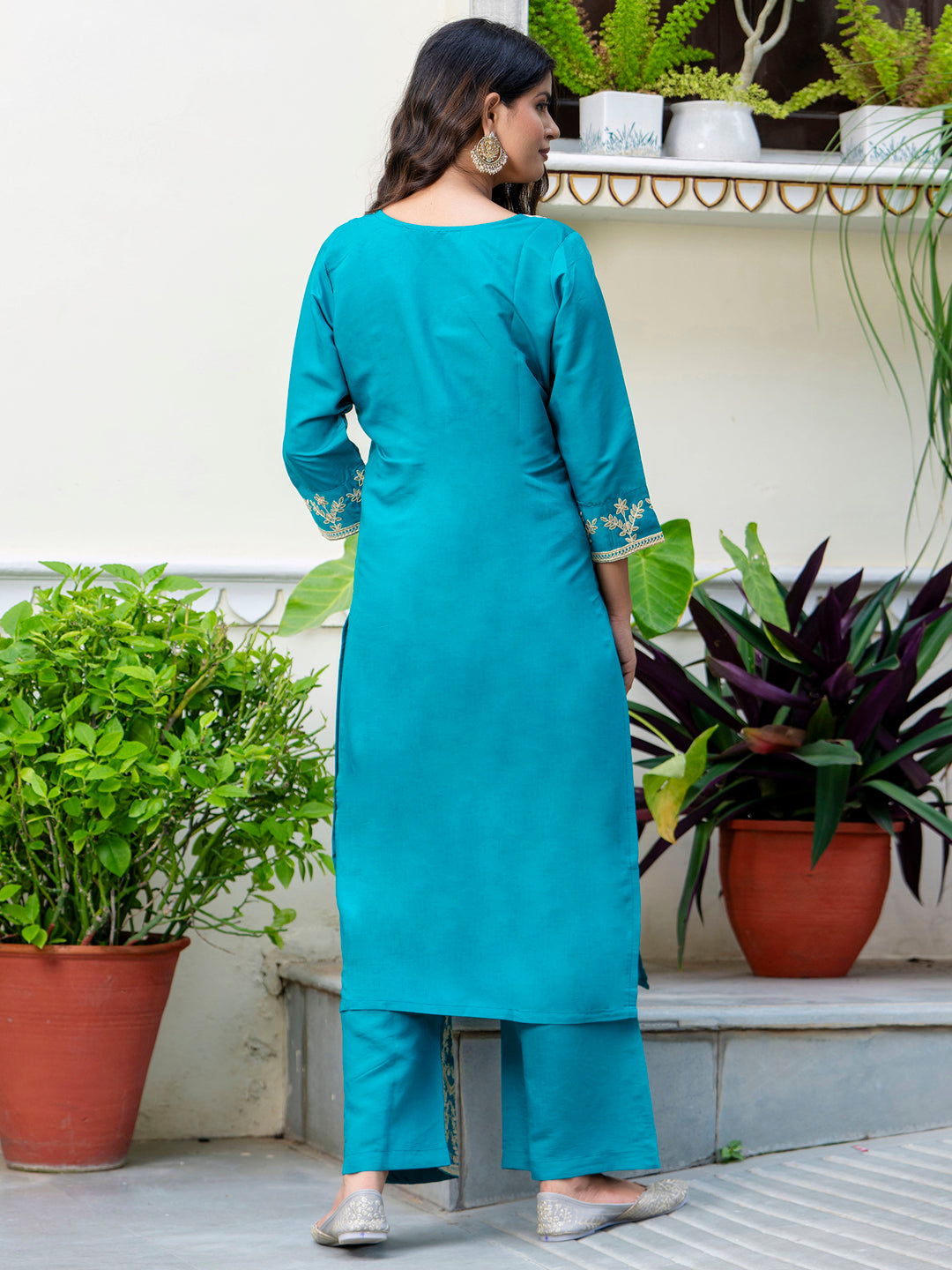 Dhiyona VV Women's Embroidered Silk Blend Calf Length Straight Kurta with Palazzo & Dupatta Set
