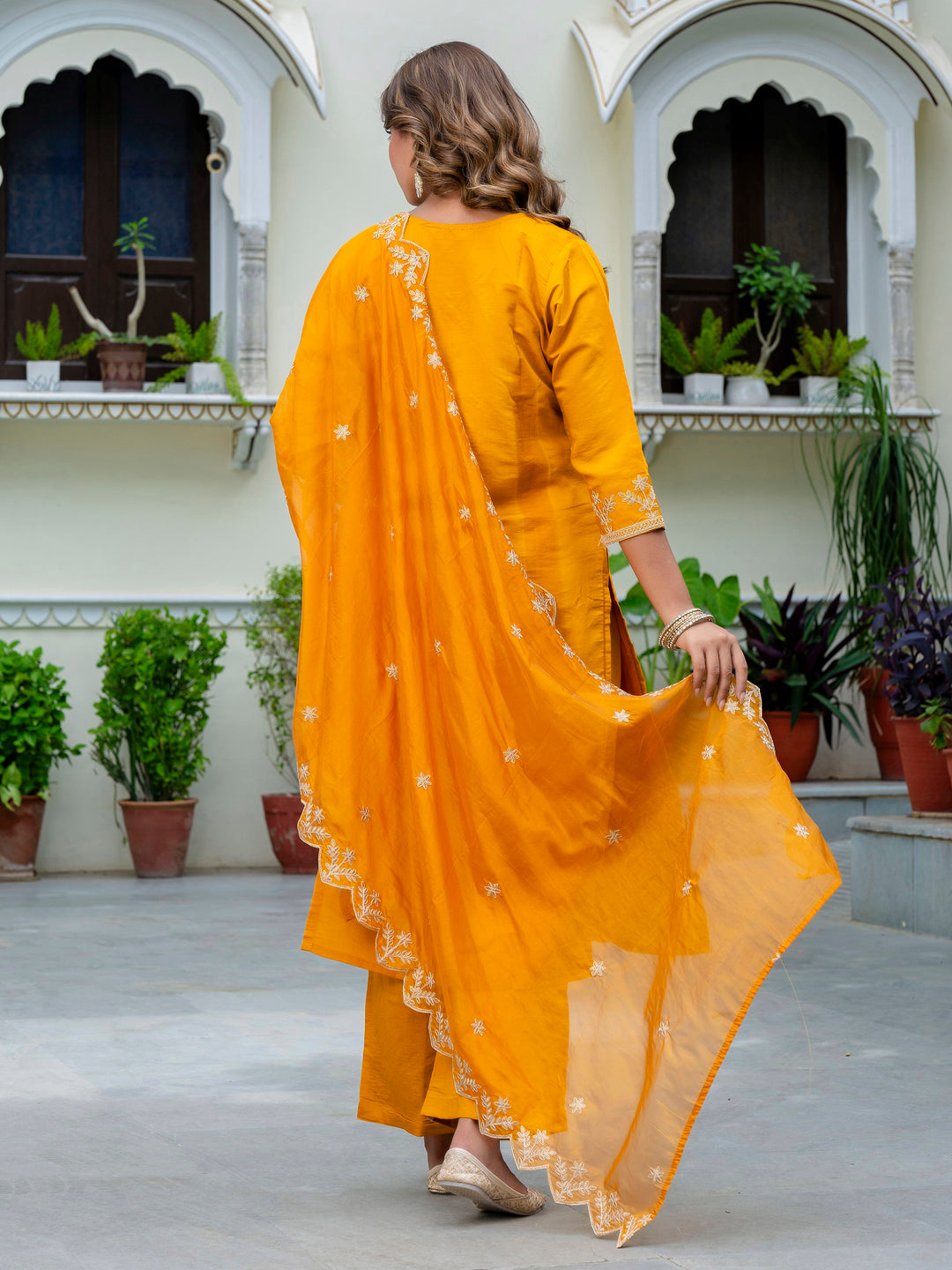 Dhiyona VV Women's Embroidered Silk Blend Calf Length Straight Kurta with Palazzo & Dupatta Set