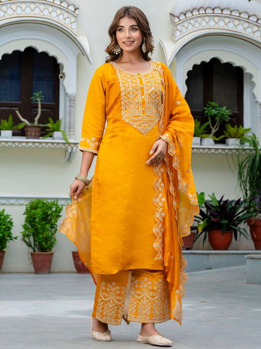 Dhiyona VV Women's Embroidered Silk Blend Calf Length Straight Kurta with Palazzo & Dupatta Set