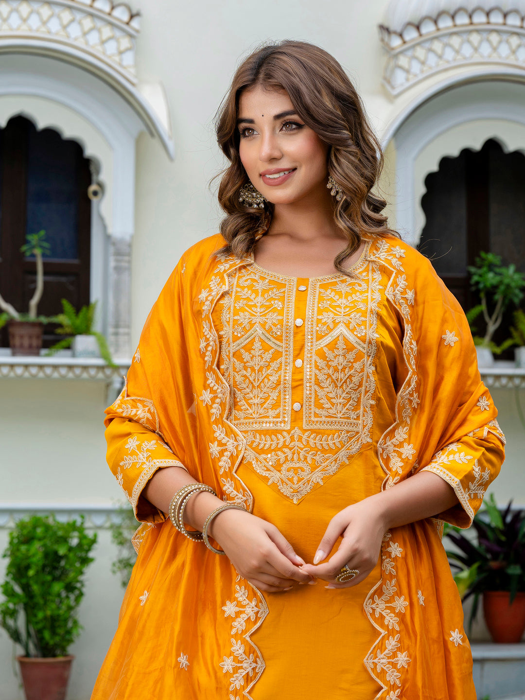 Dhiyona VV Women's Embroidered Silk Blend Calf Length Straight Kurta with Palazzo & Dupatta Set