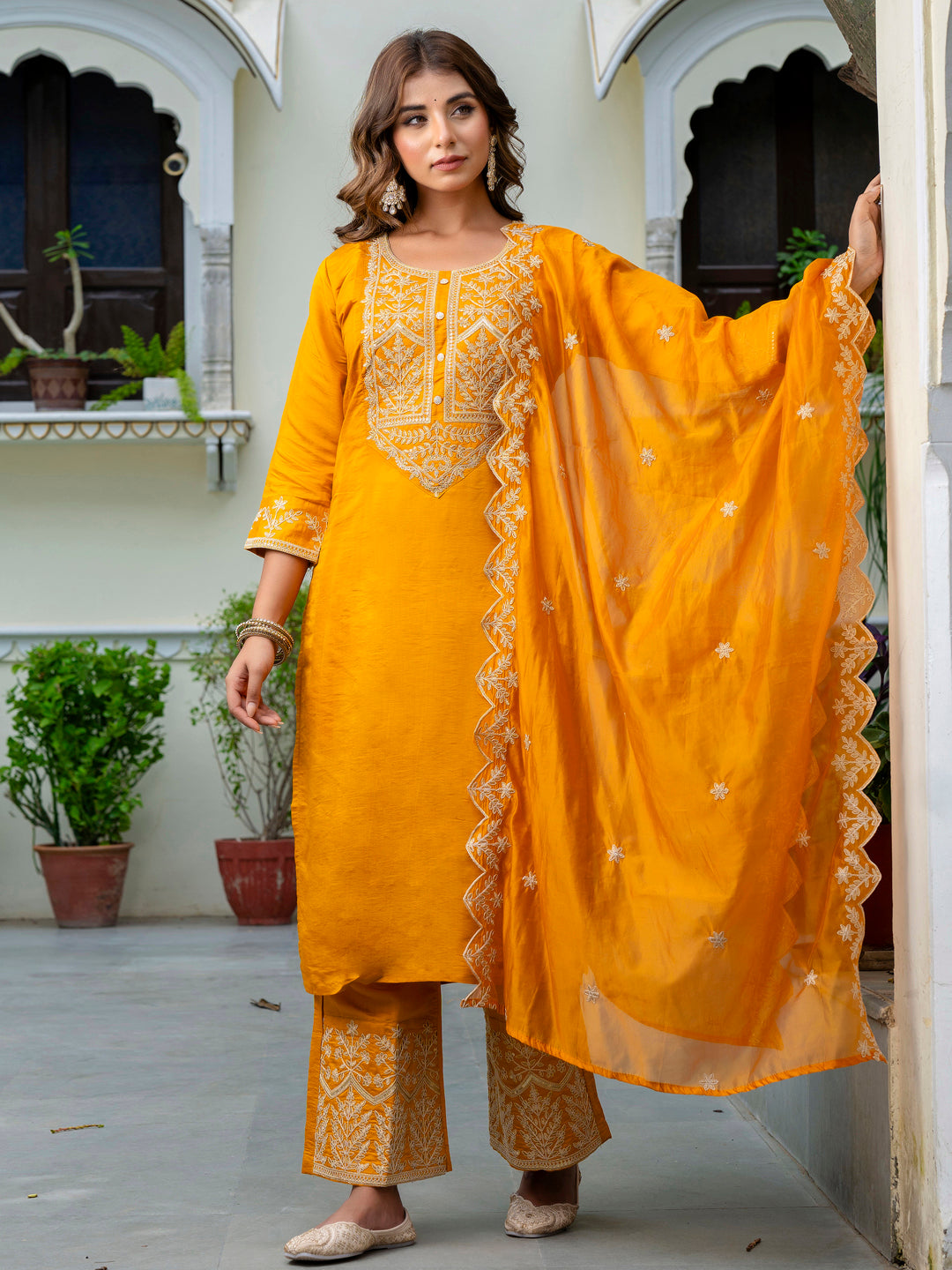 Dhiyona VV Women's Embroidered Silk Blend Calf Length Straight Kurta with Palazzo & Dupatta Set