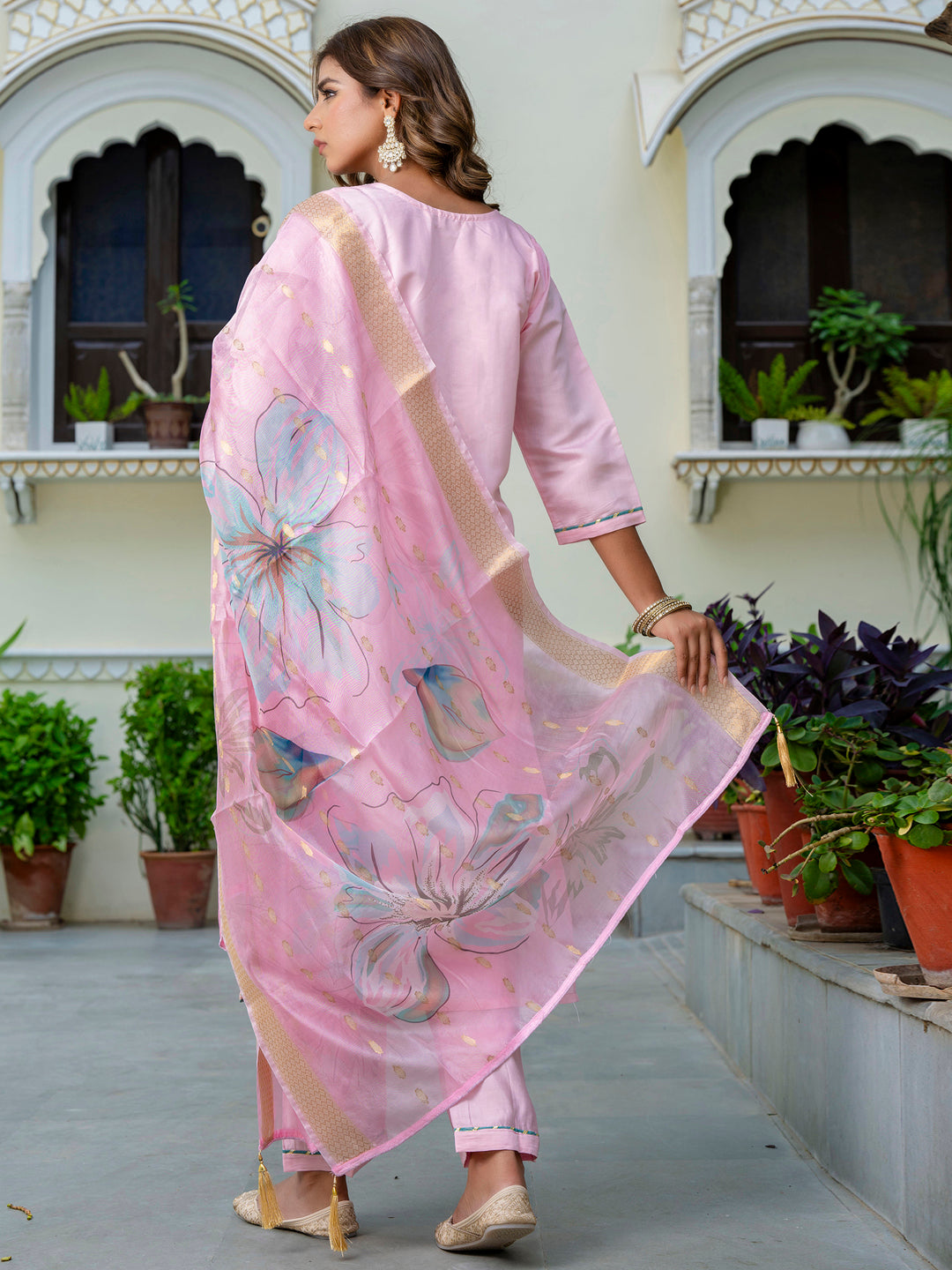Dhiyona VV Women's Embroidered Silk Blend Calf Length Straight Kurta Trouser with Dupatta Set