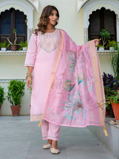 Dhiyona VV Women's Embroidered Silk Blend Calf Length Straight Kurta Trouser with Dupatta Set