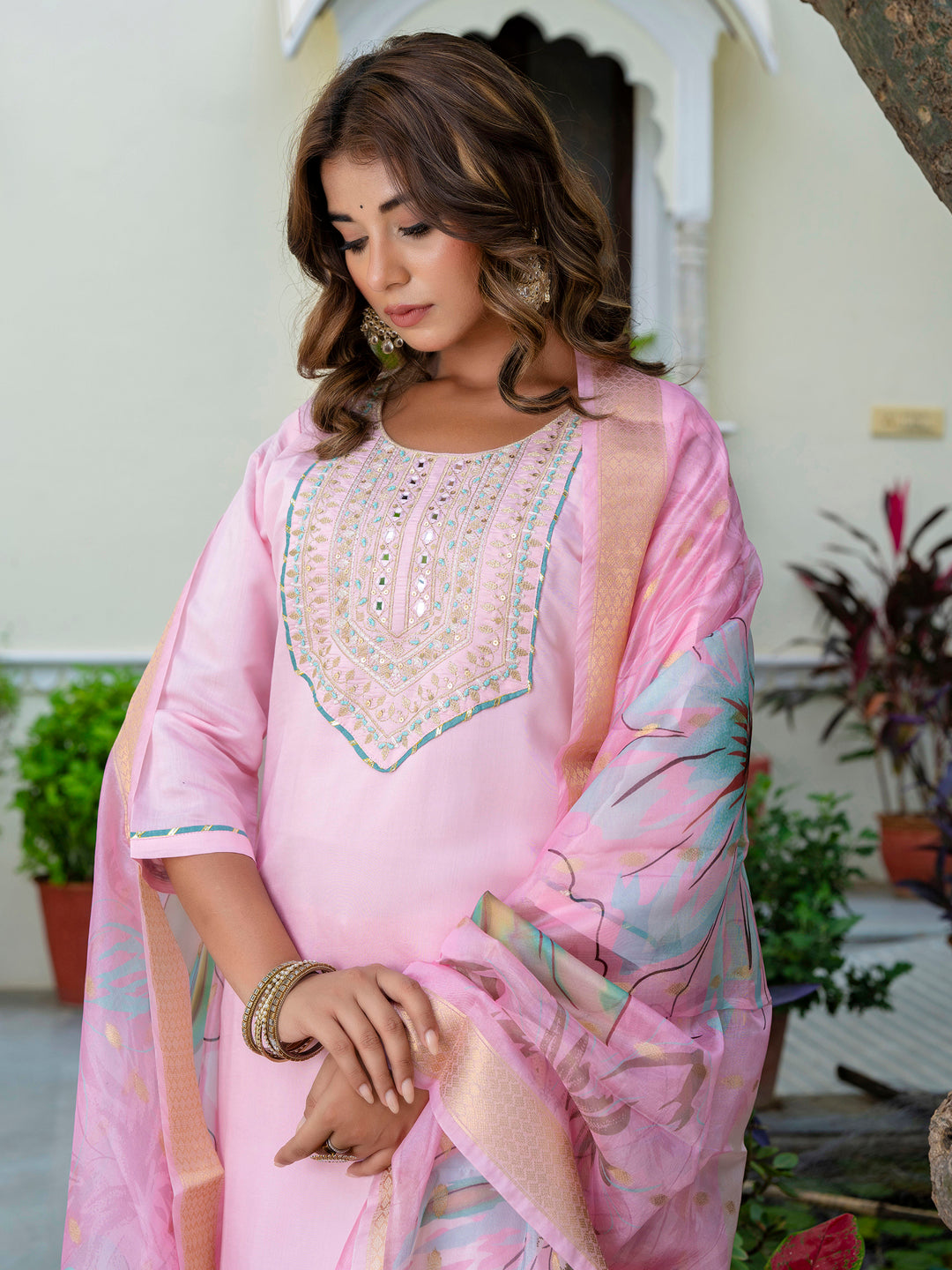 Dhiyona VV Women's Embroidered Silk Blend Calf Length Straight Kurta Trouser with Dupatta Set