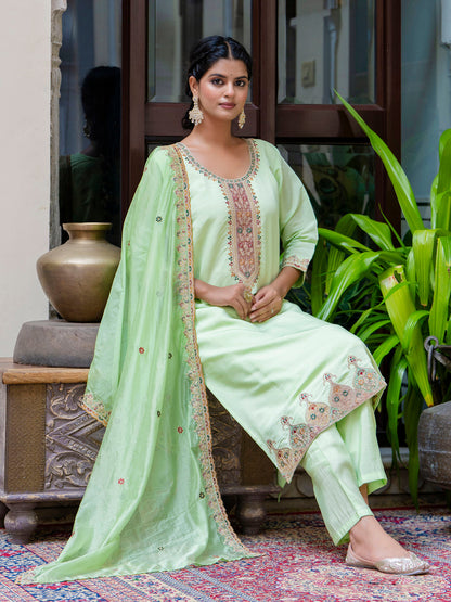 Dhiyona VV Women's Embroidered Silk Blend Calf Length Straight Kurta Trouser with Dupatta Set