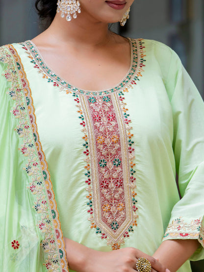 Dhiyona VV Women's Embroidered Silk Blend Calf Length Straight Kurta Trouser with Dupatta Set