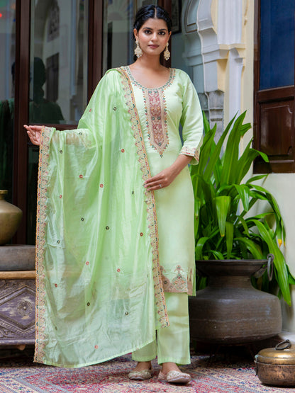Dhiyona VV Women's Embroidered Silk Blend Calf Length Straight Kurta Trouser with Dupatta Set
