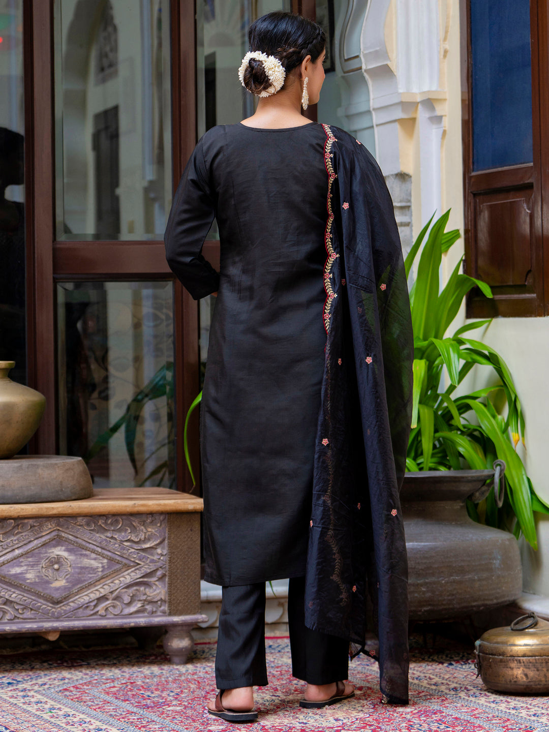 Dhiyona VV Women's Embroidered Silk Blend Calf Length Straight Kurta Trouser with Dupatta Set