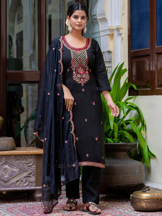 Dhiyona VV Women's Embroidered Silk Blend Calf Length Straight Kurta Trouser with Dupatta Set