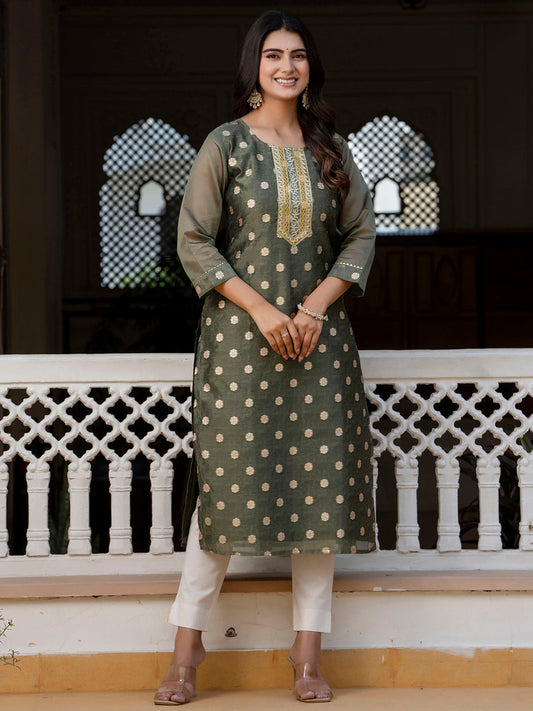 Dhiyona VV Women's Embroidered Silk Blend Straight Kurta