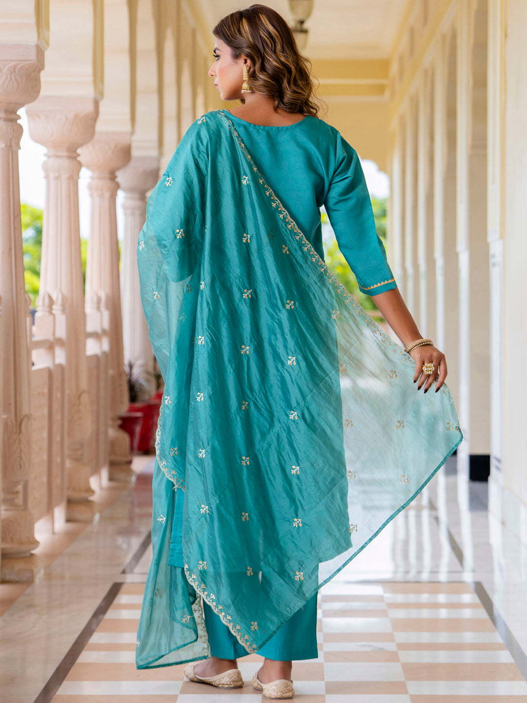 Dhiyona VV Women's Embroidered Silk Blend Calf Length Straight Kurta with Palazzo & Dupatta Set