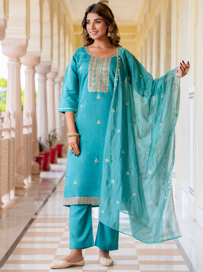 Dhiyona VV Women's Embroidered Silk Blend Calf Length Straight Kurta with Palazzo & Dupatta Set