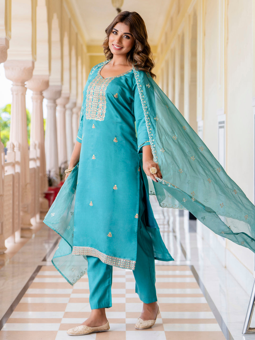 Dhiyona VV Women's Embroidered Silk Blend Calf Length Straight Kurta with Palazzo & Dupatta Set