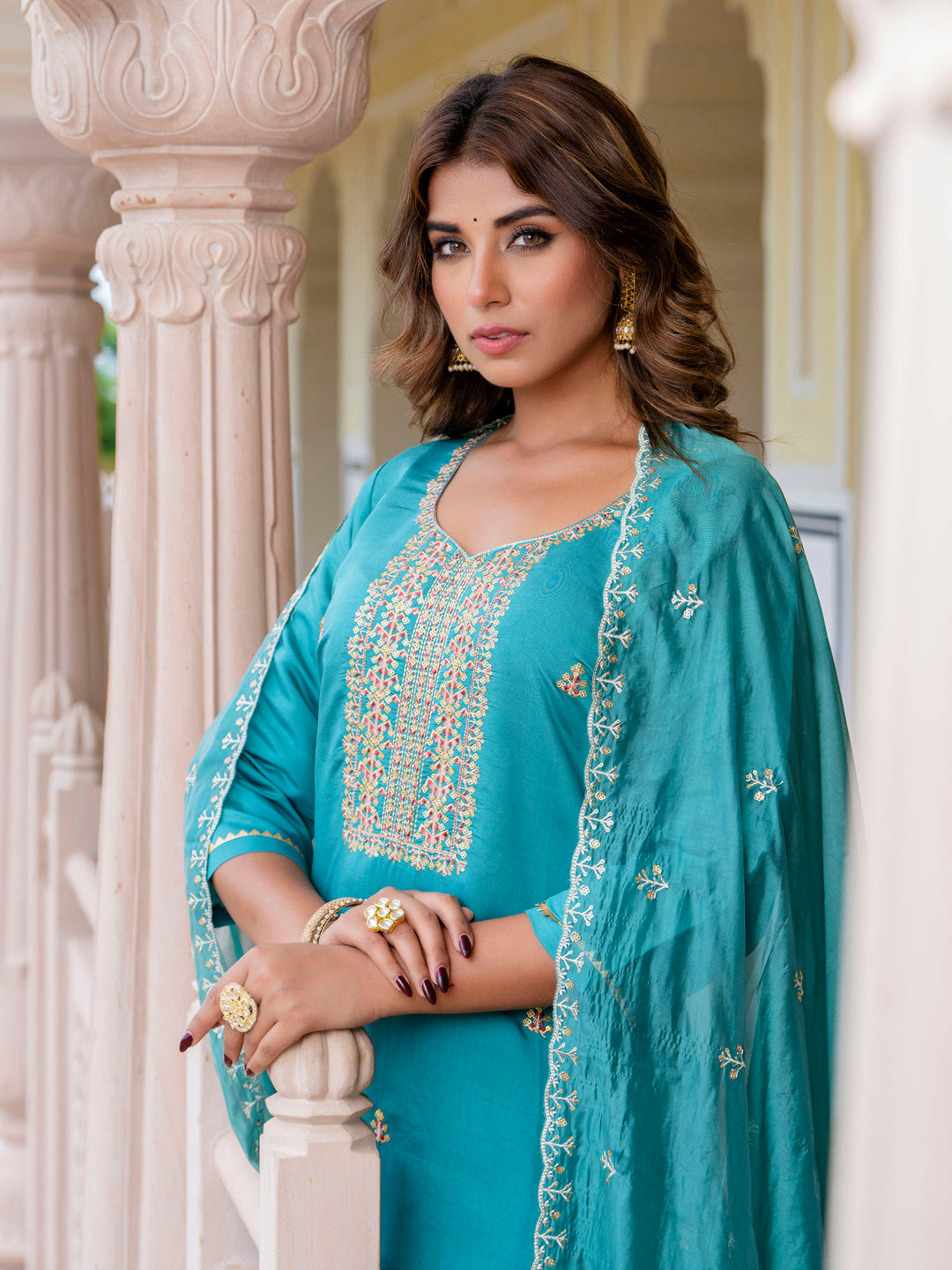 Dhiyona VV Women's Embroidered Silk Blend Calf Length Straight Kurta with Palazzo & Dupatta Set