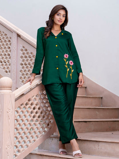 Dhiyona VV Women's Solid Hand Work Embroidered Silk Blend Co-Ords Sets