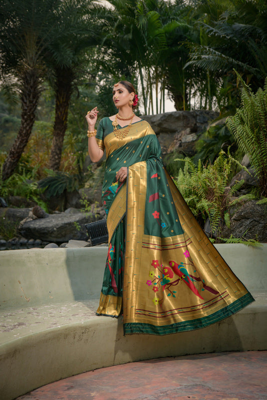 Dhiyona GR Women's Muniya Bottle Green Zari Paithani Silk Saree