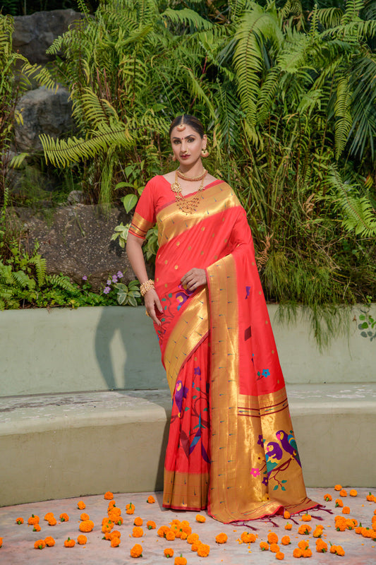 Dhiyona GR Women's Muniya Red Zari Paithani Silk Saree
