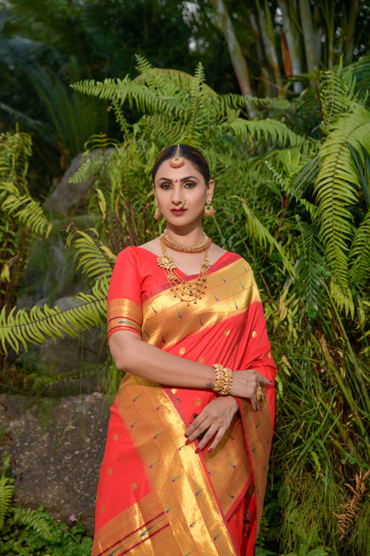 Dhiyona GR Women's Muniya Red Zari Paithani Silk Saree