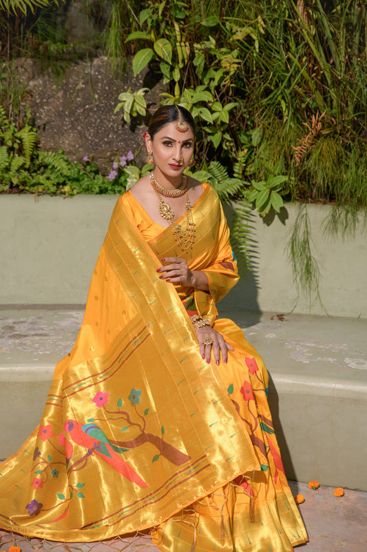 Dhiyona GR Women's Muniya Mango Yellow Zari Paithani Silk Saree